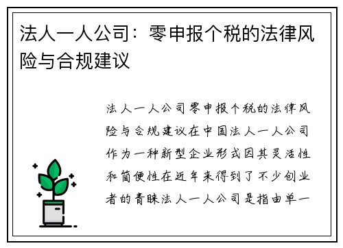 法人一人公司：零申报个税的法律风险与合规建议