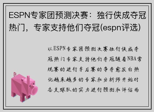ESPN专家团预测决赛：独行侠成夺冠热门，专家支持他们夺冠(espn评选)