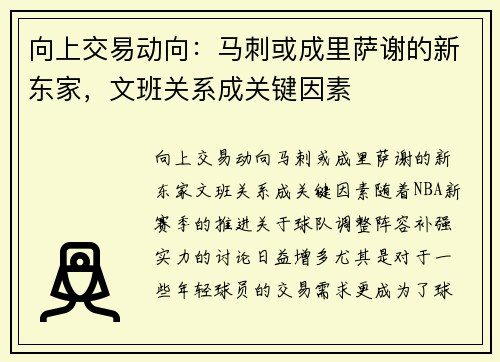 向上交易动向：马刺或成里萨谢的新东家，文班关系成关键因素