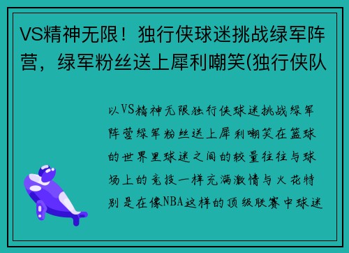VS精神无限！独行侠球迷挑战绿军阵营，绿军粉丝送上犀利嘲笑(独行侠队的比赛)