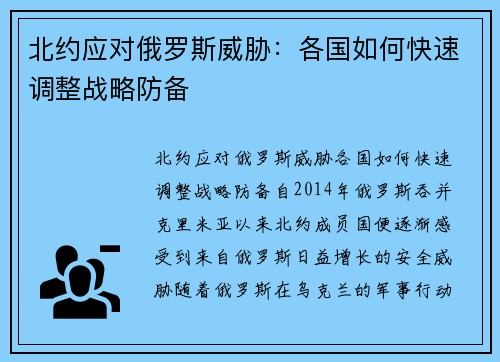 北约应对俄罗斯威胁：各国如何快速调整战略防备