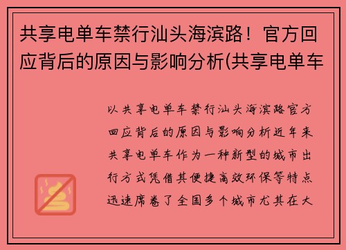 共享电单车禁行汕头海滨路！官方回应背后的原因与影响分析(共享电单车运营方案)
