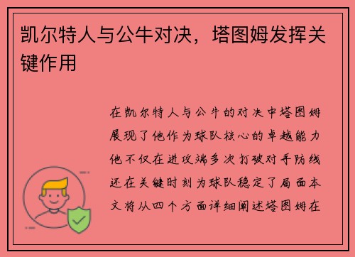 凯尔特人与公牛对决，塔图姆发挥关键作用