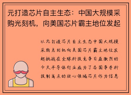 元打造芯片自主生态：中国大规模采购光刻机，向美国芯片霸主地位发起挑战